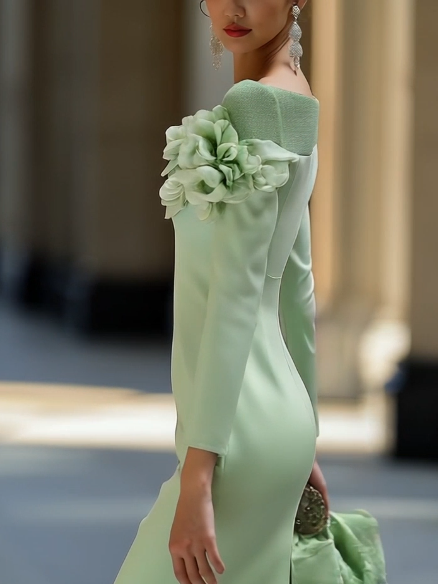 Light Green Midi Pencil Dress With Mesh And 3D Flower Decoration