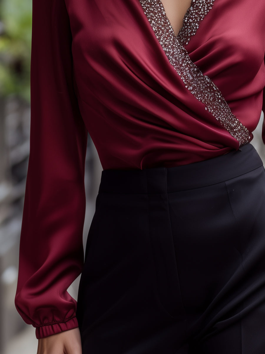 Embellished Wrap V-Neck Long Sleeve Blouse