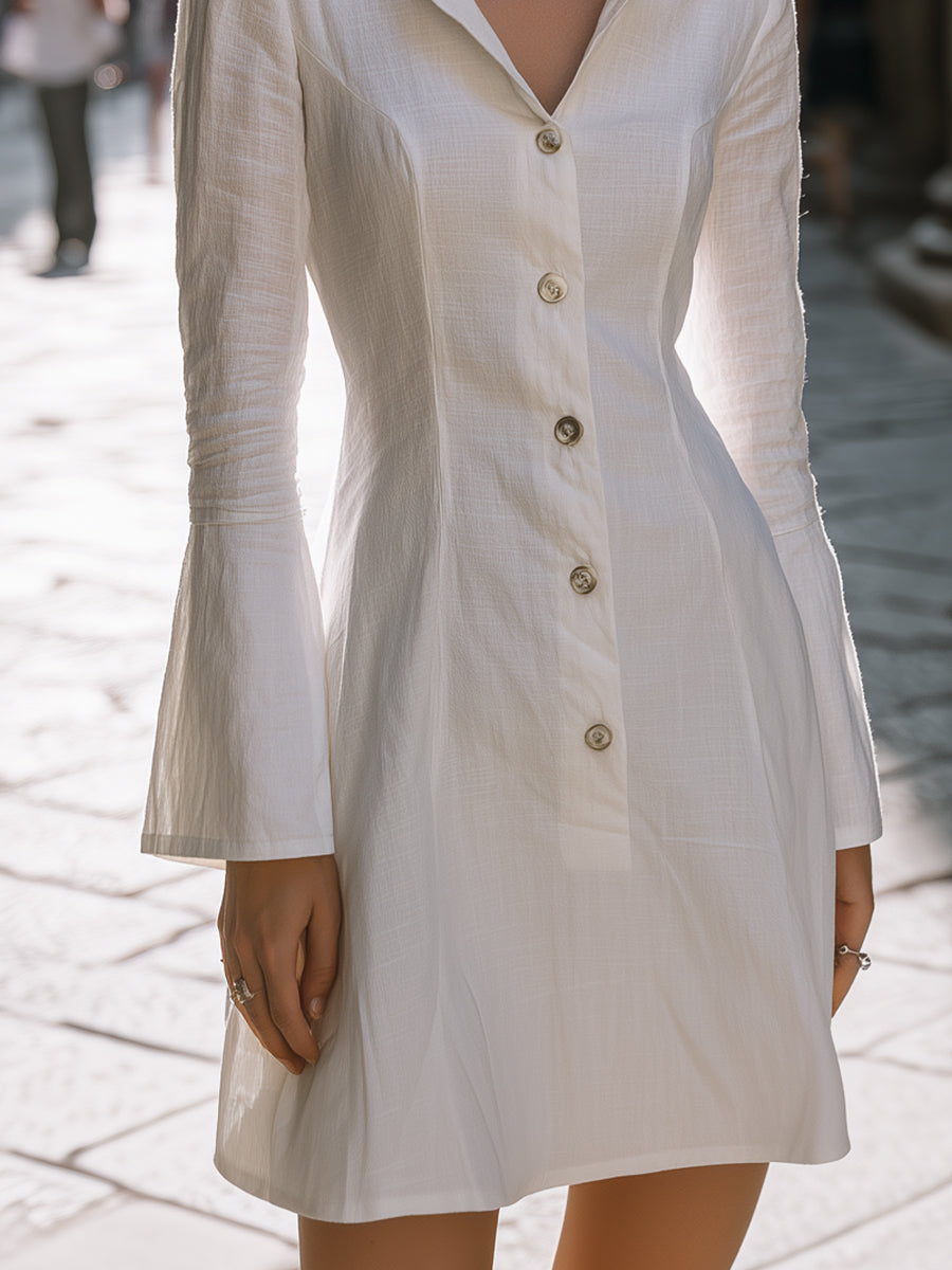 Vintage-Inspired Linen Blend Mini Shirt Dress With Flared Bell Sleeves
