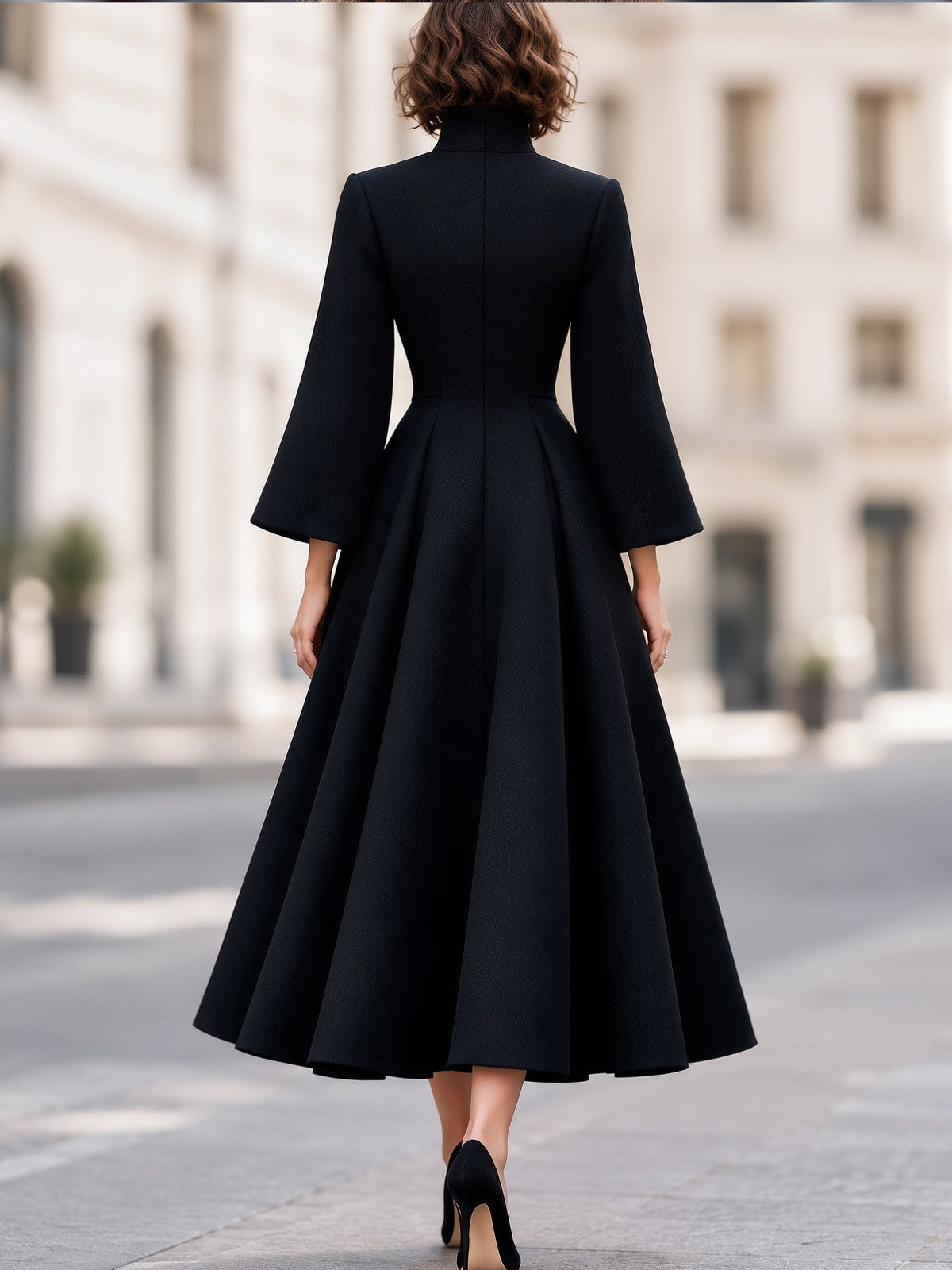 High Neck Gold Button Woolen A-Line Coat