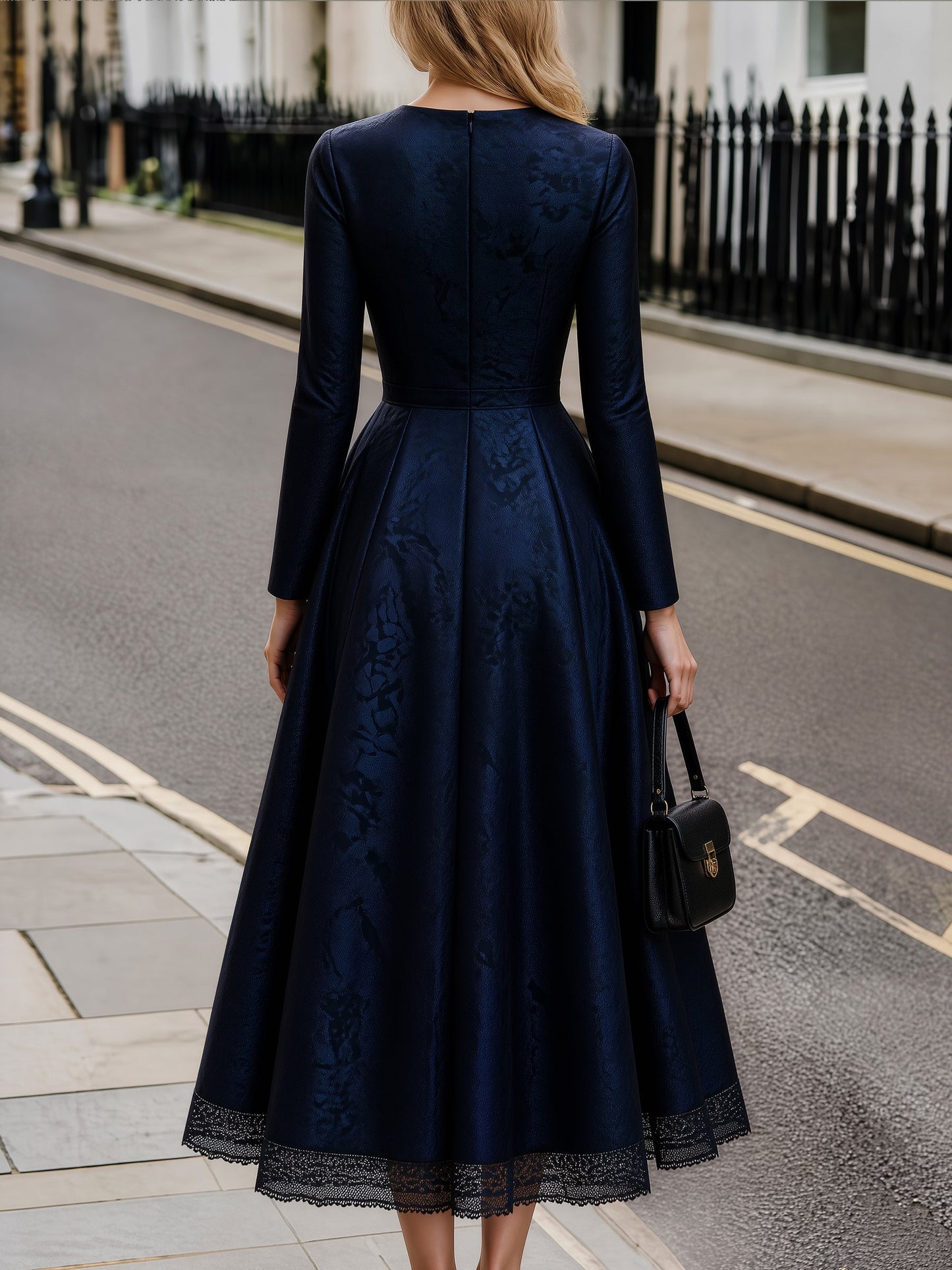 Jacquard Lace-Hem A-Line Maxi Dress