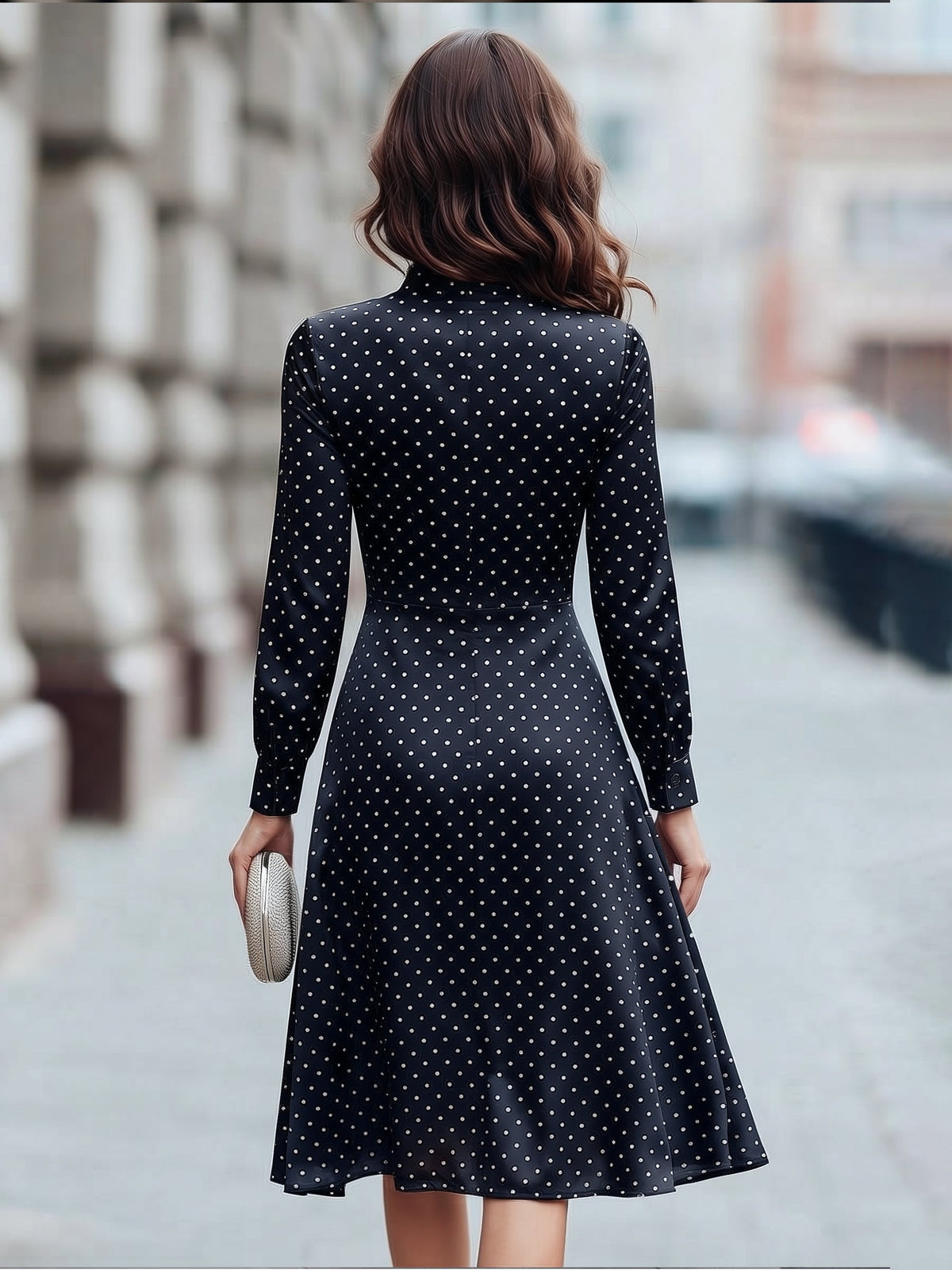 Women's Polka Dot Tie-Neck Long Sleeve A-Line Midi Dress