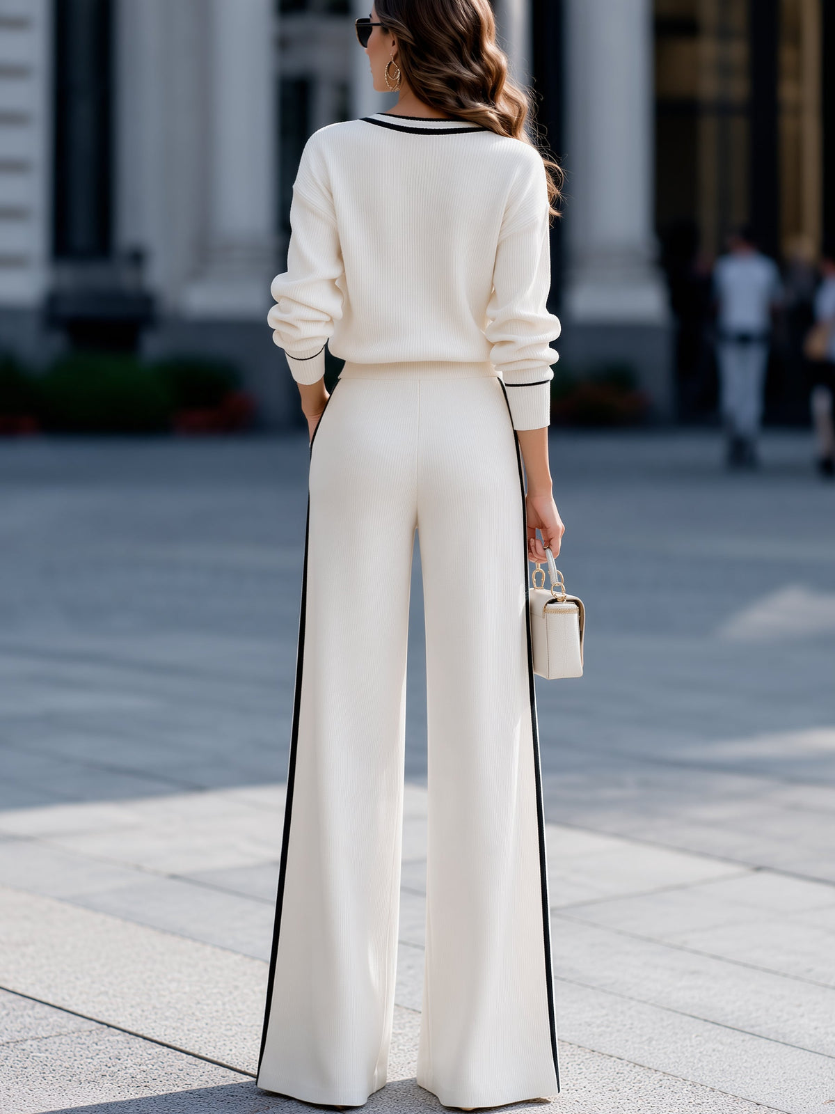 Contrast Trim V-Neck Knit Top And Wide Leg Pants Two Piece Set