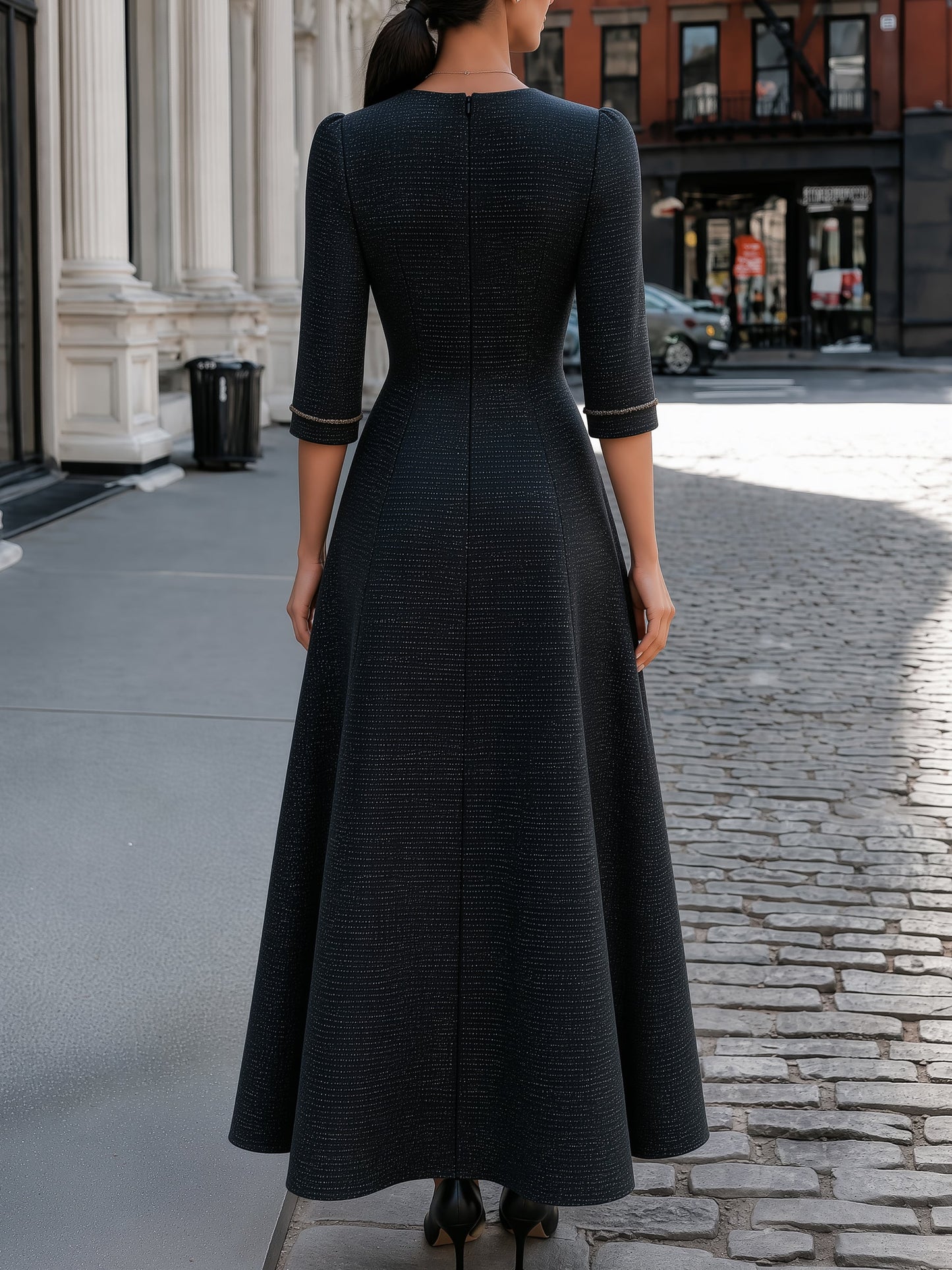 Tweed-Texture Bow-Collar A-Line Maxi Dress