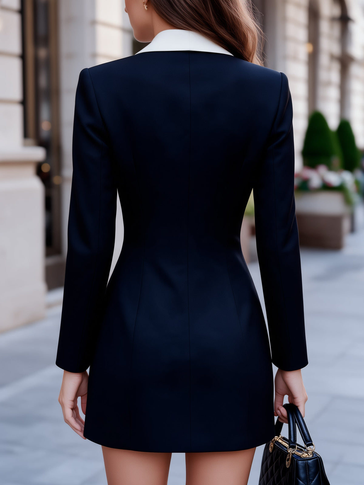 Contrast Collar Double-Breasted Pearl Button Blazer Dress