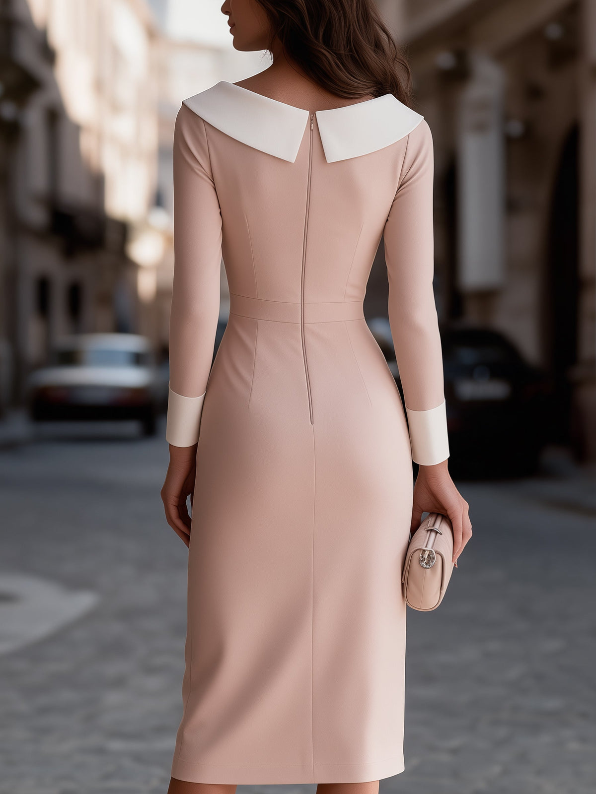 Contrast Foldover Collar Midi Sheath Dress