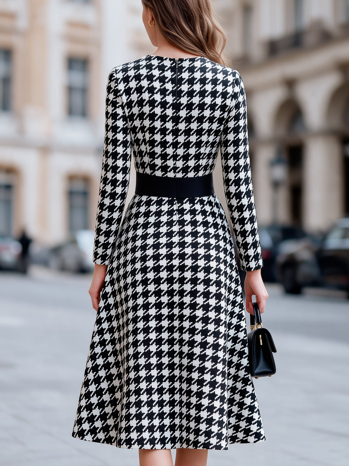 Houndstooth Bow Waist A-Line Midi Dress
