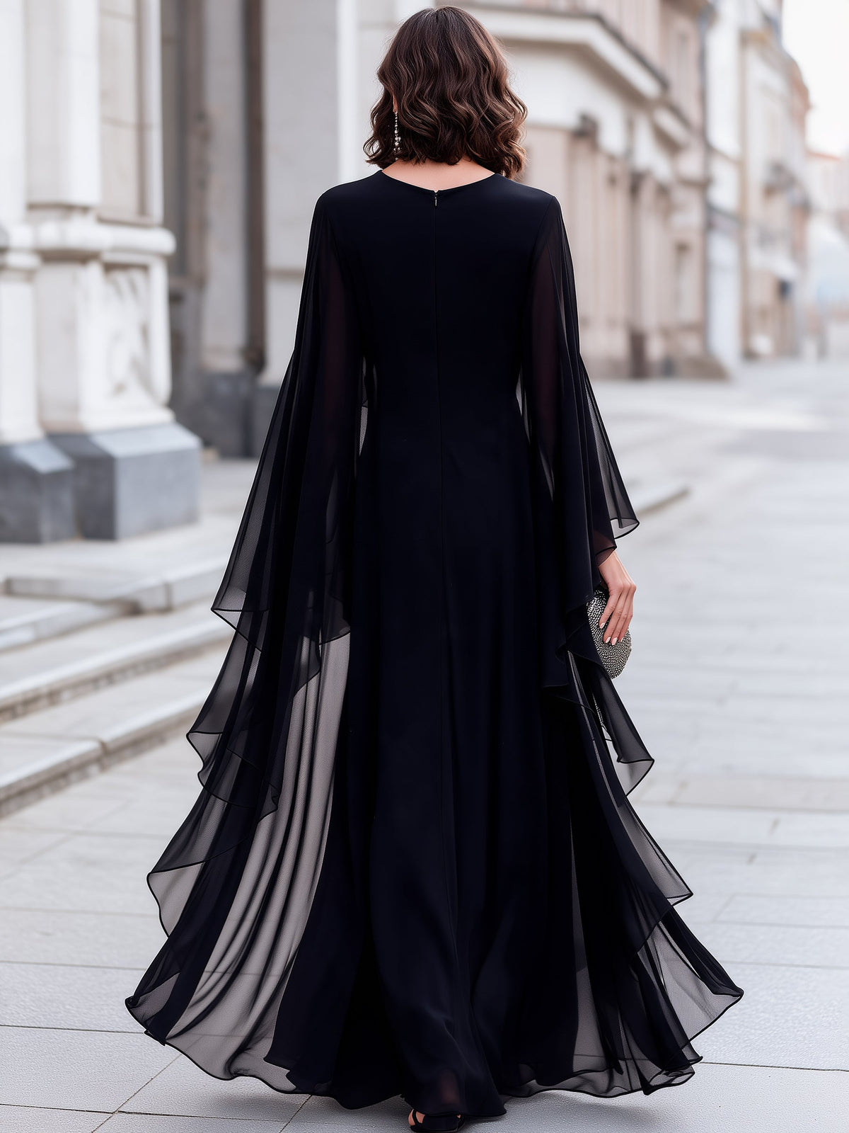 Elegant Sheer Cape Sleeve Maxi Evening Dress