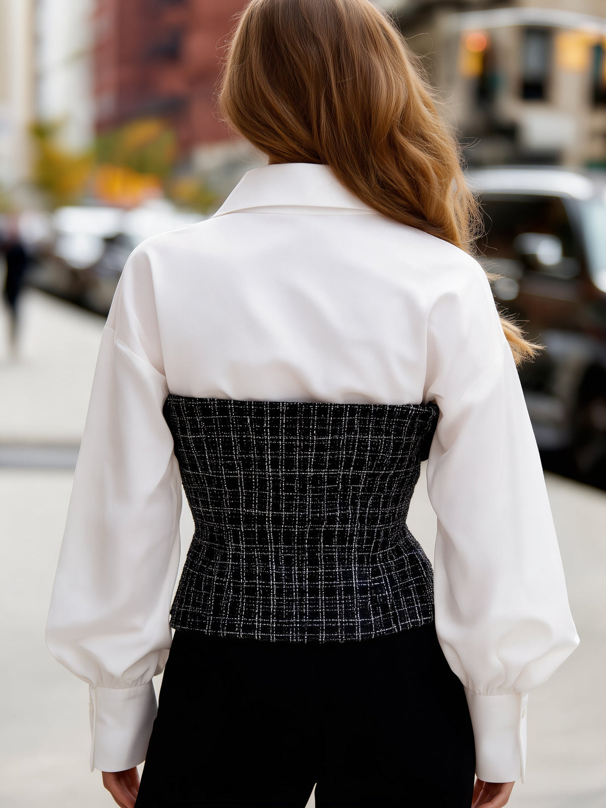 Shirt With Tweed Corset Overlay Top
