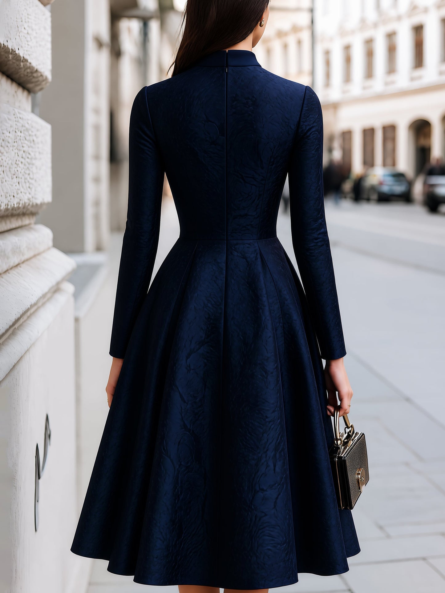 Embossed Jacquard A-Line Stand-Collar Dress