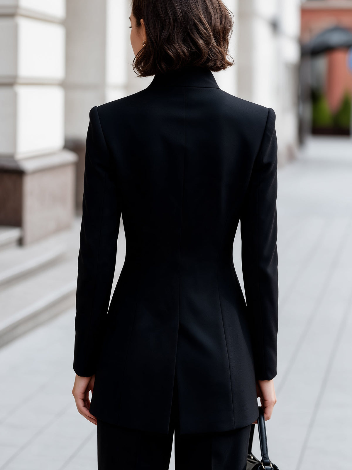 Mandarin Collar Covered-Button Tailored Blazer