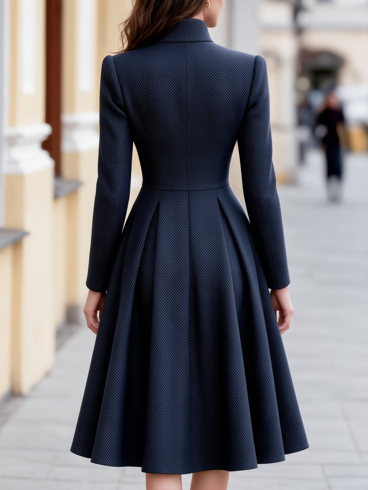 Herringbone Stand Collar Woolen A-Line Midi Dress