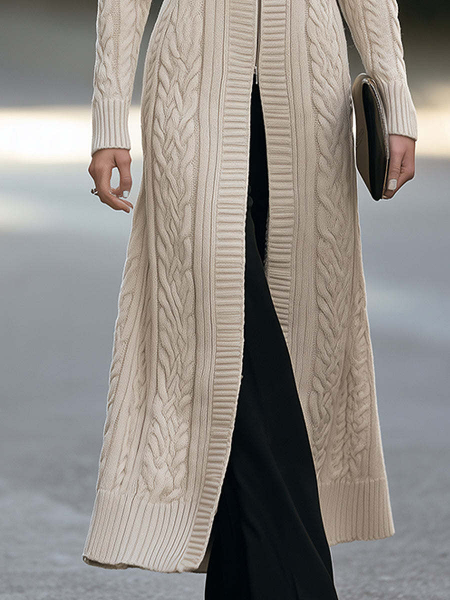 Cable-Knit High-Neck Two-Way Zipper Longline Cardigan Coat