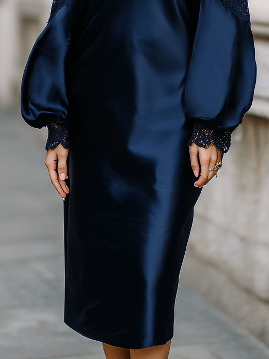 Elegant Satin Midi Dress With Lace Balloon Sleeves