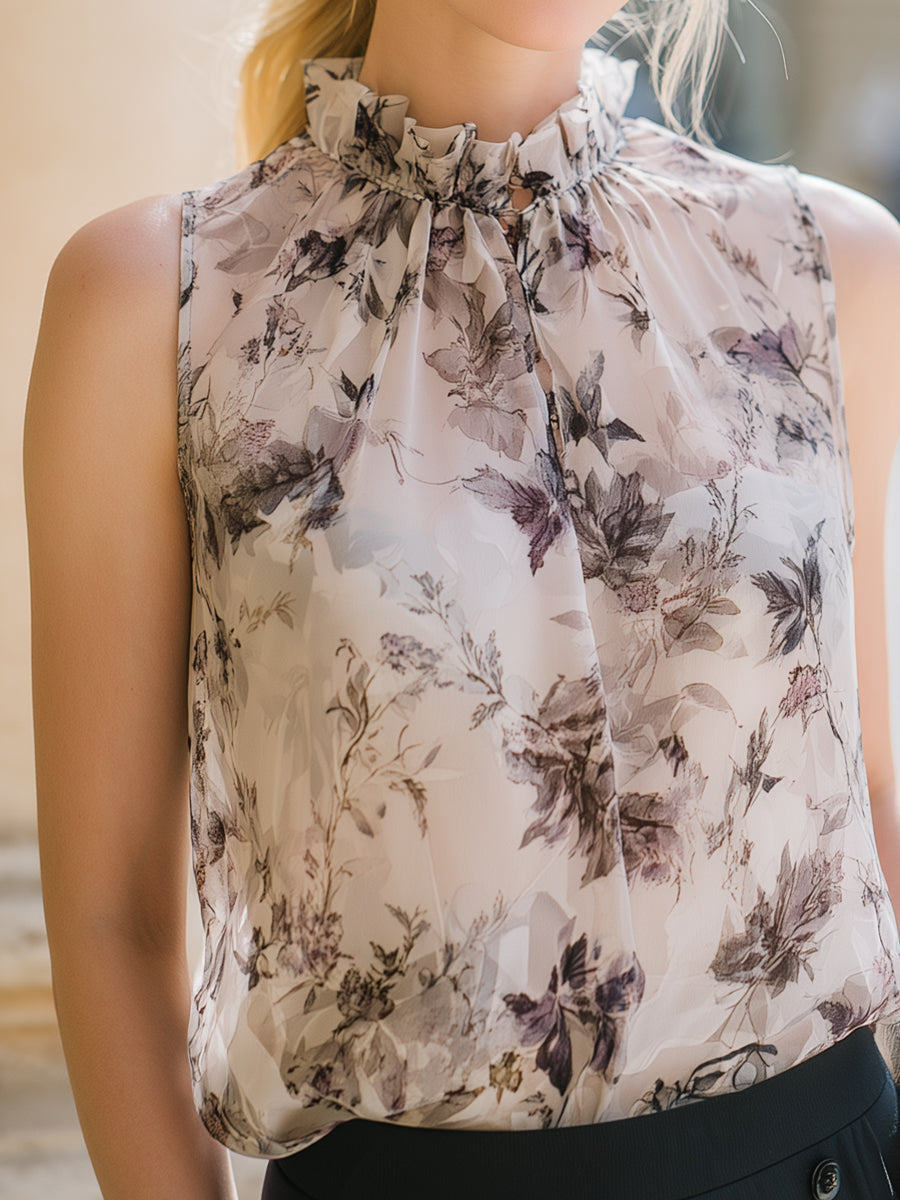 Ruffled High-Neck Floral Sleeveless Blouse