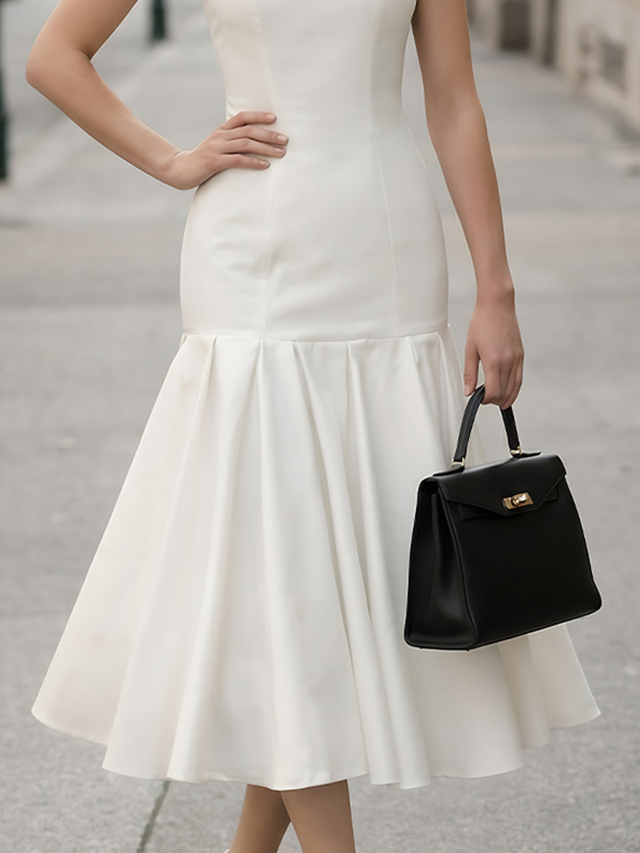 Square-Neck Fitted Midi Dress With Flared Hem