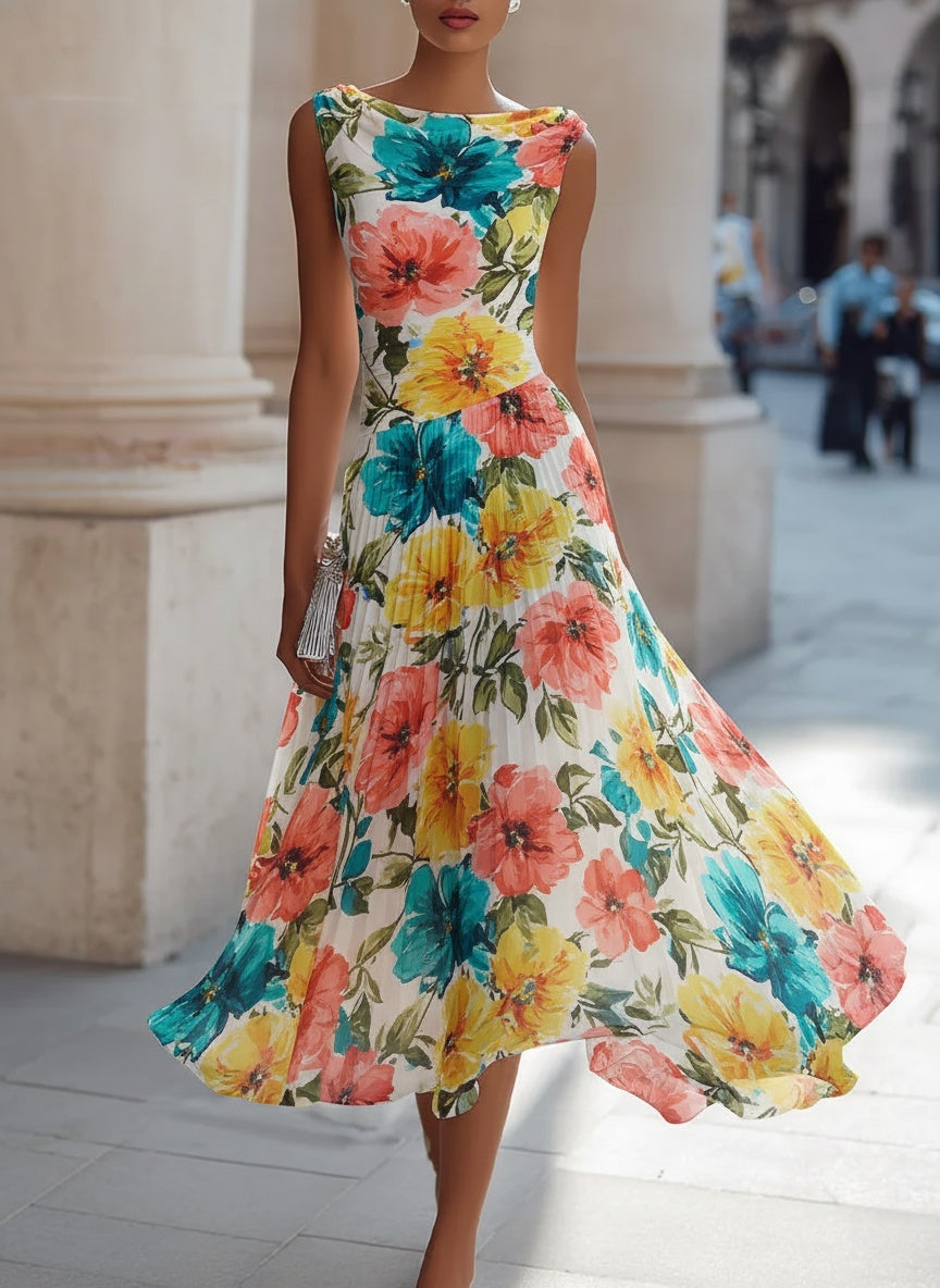 KSXTXX Elegant Floral Pleated Midi Dress with Draped Neckline