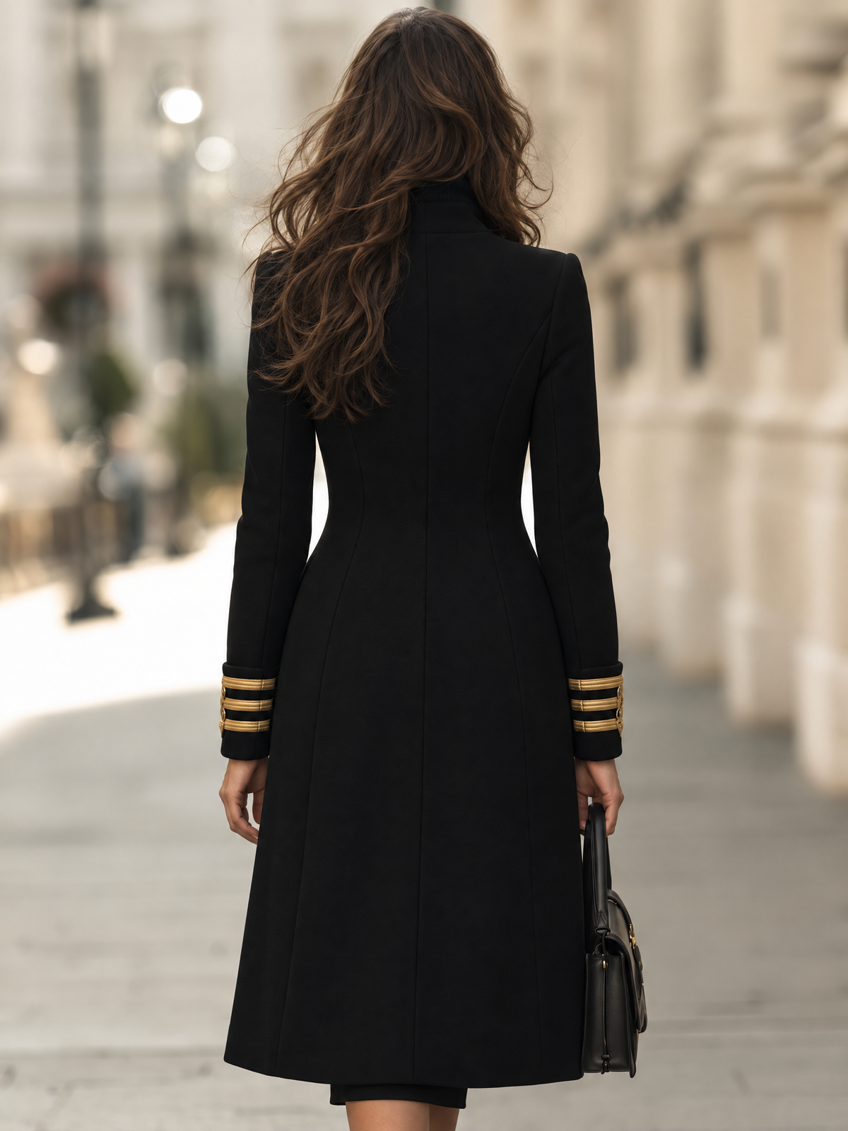 Double-Breasted Military Longline Coat With Braided Trim And Gold Buttons