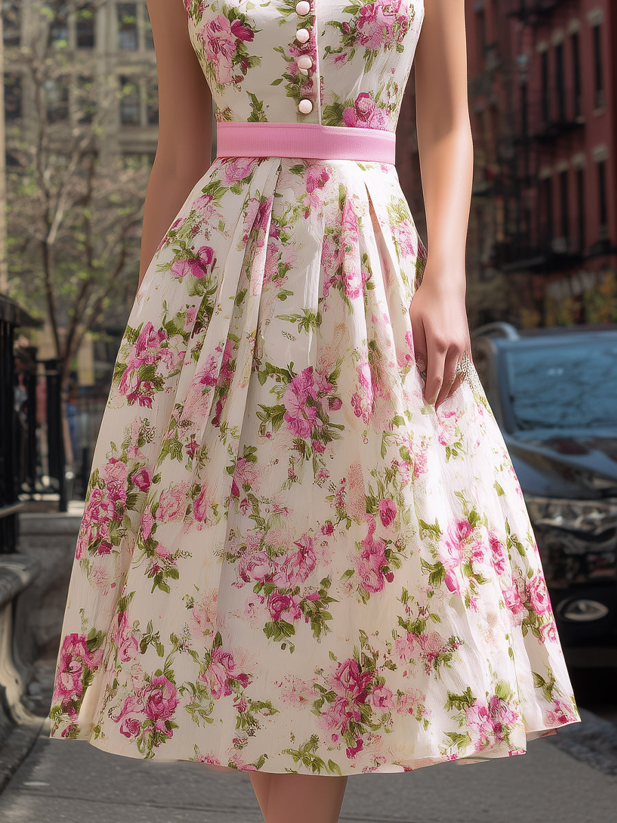 Vintage Floral Sleeveless Shirt Dress With Pleated Skirt
