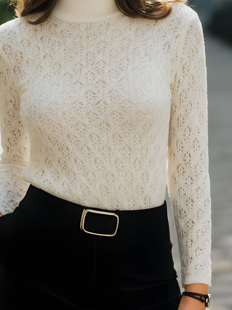 Mock-Neck Textured Lace Knit Top