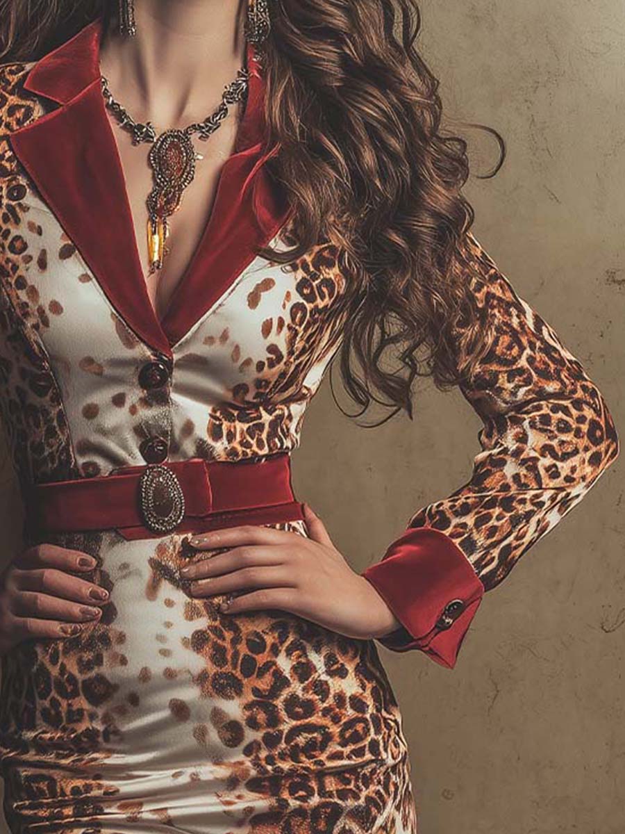 Vintage Glam Leopard Blazer Dress With Red Accents