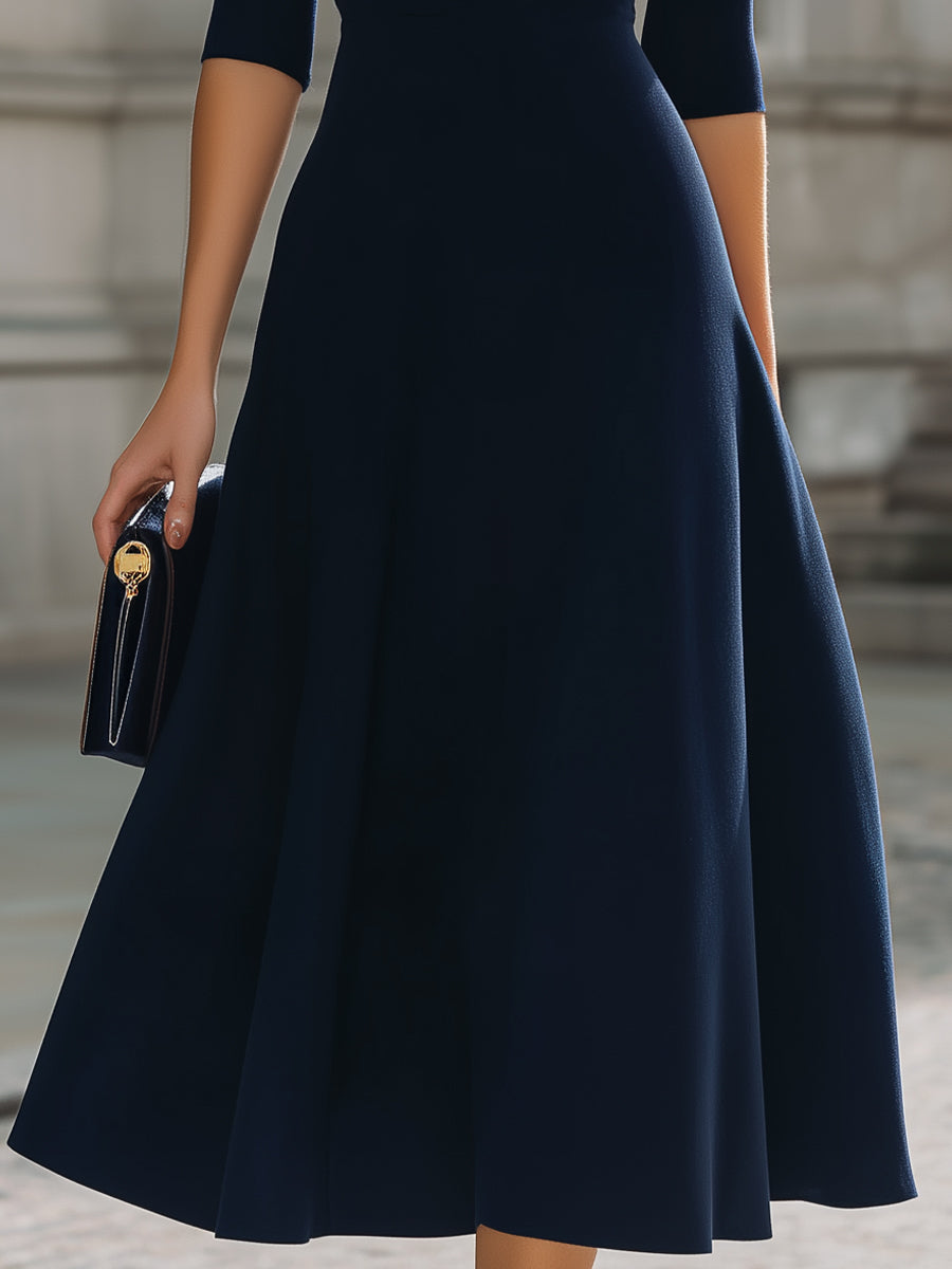 Refined Navy Polo Collar Fit-and-Flare Midi Dress