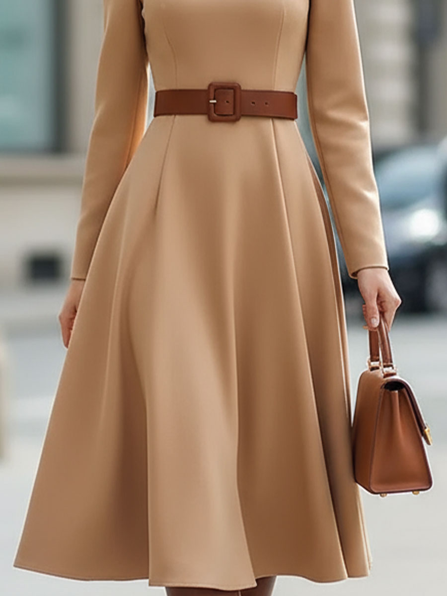 Elegant Camel Turtleneck Belted Midi Dress,
