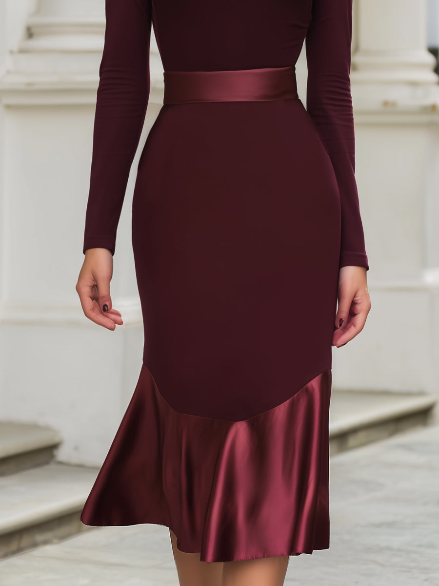 High-Neck Satin Hem Midi Dress