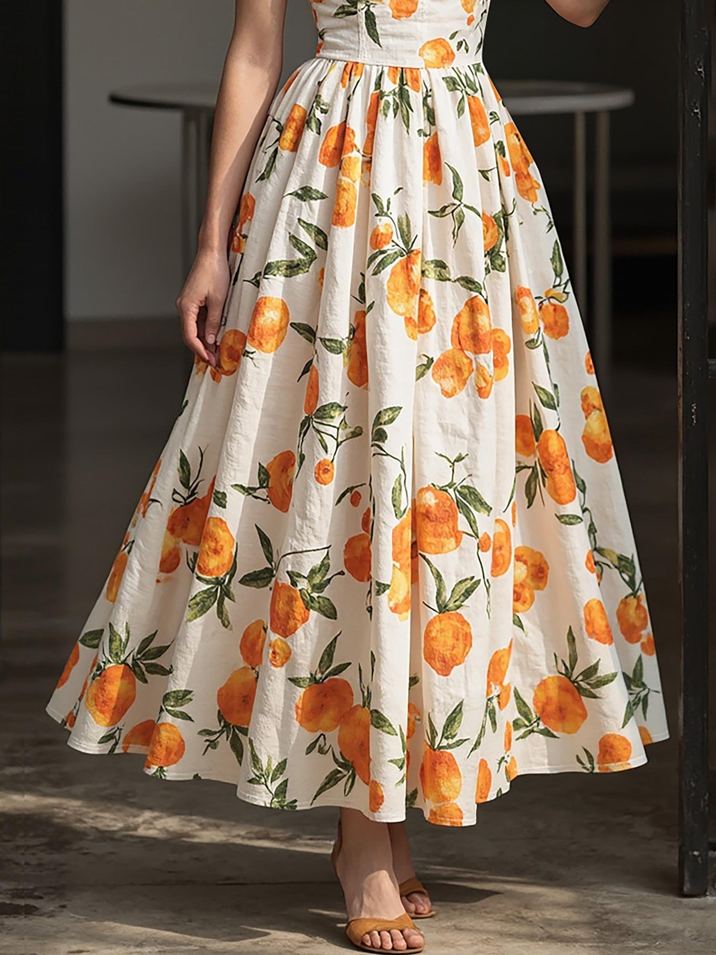 Maxi Linen Dress, Sleeveless, Sweetheart Neckline, Fruit Print, Vacation, French Vintage, Orange