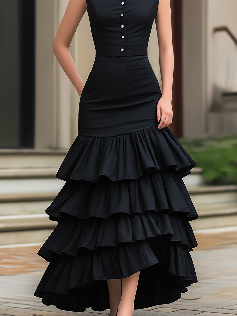 Sleeveless Button-Front Tiered Ruffle Maxi Dress