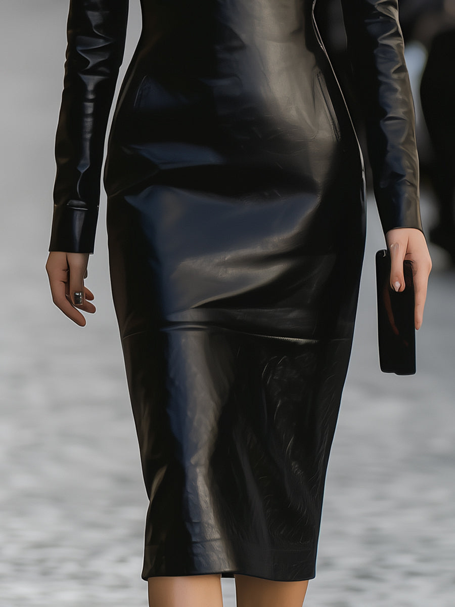 Elegant Long-Sleeve Deep V Faux Leather Bodycon Dress