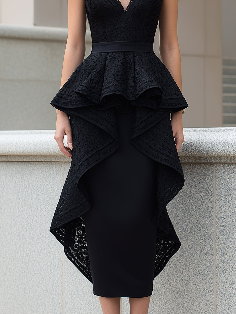 Lace Peplum High-Low Hem Sleeveless Midi Dress