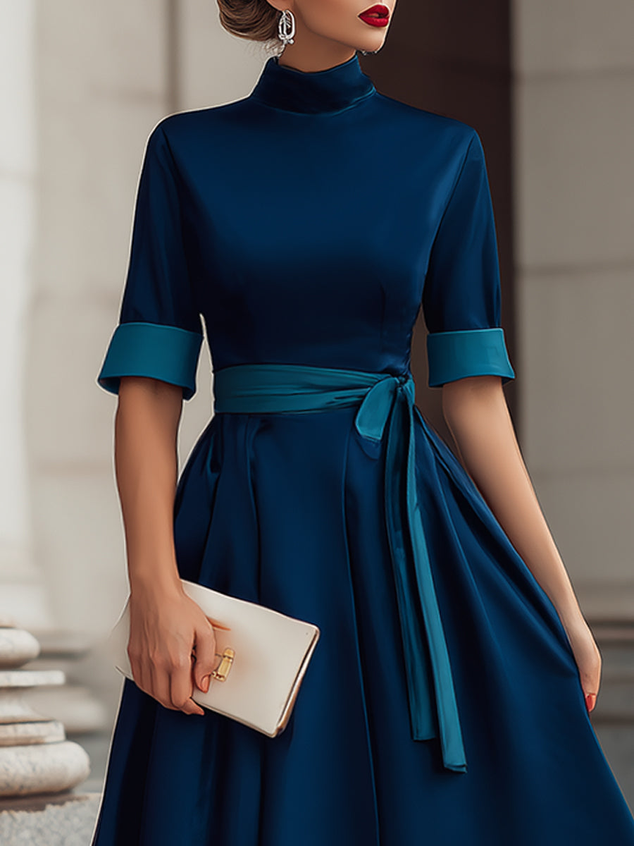 High-Neck Belted Midi Dress