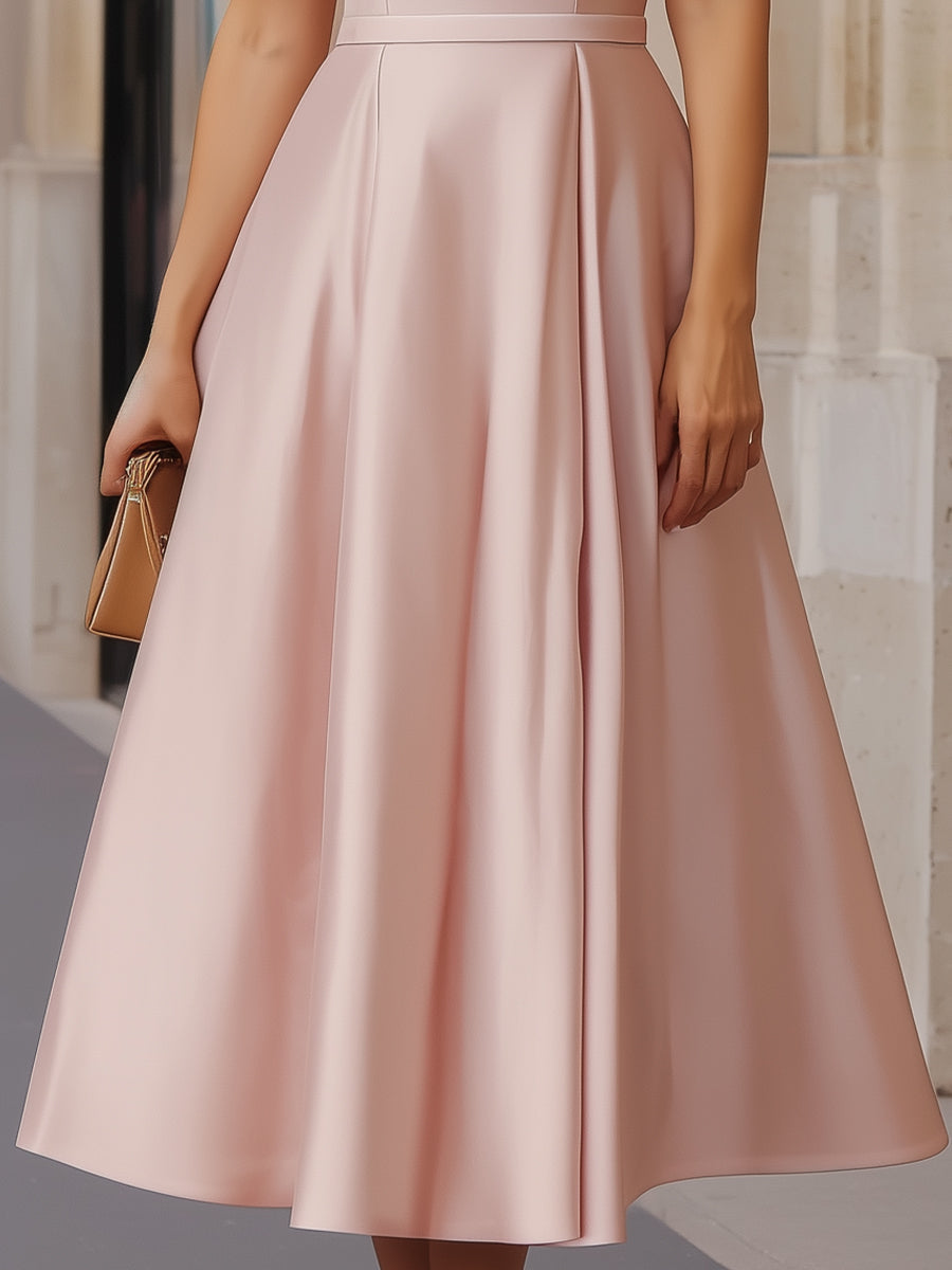 Blush Satin Off-the-Shoulder Midi Dress