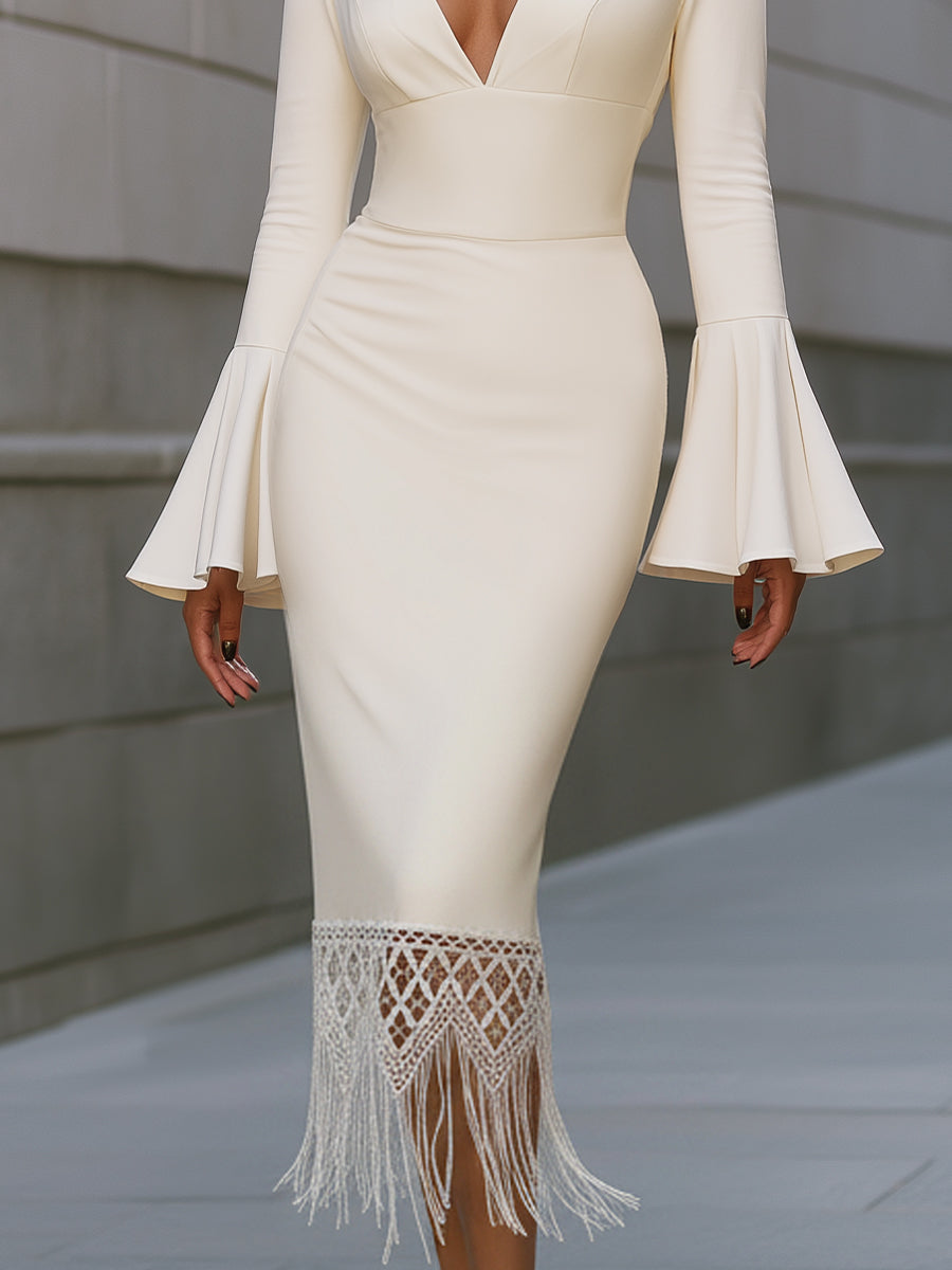 Deep V-Neck Bell Sleeve Midi Dress With Fringe Lace Hem