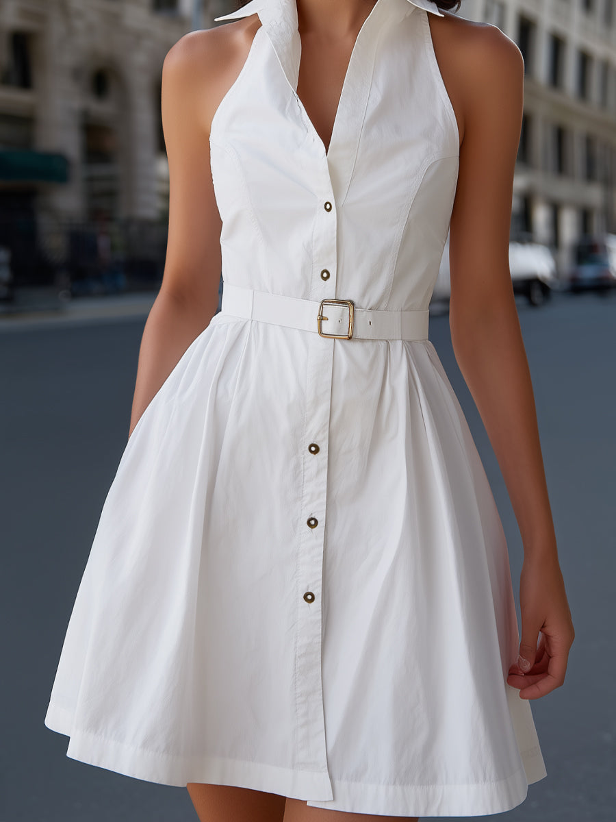 Belted Button-Front Sleeveless Shirt Dress