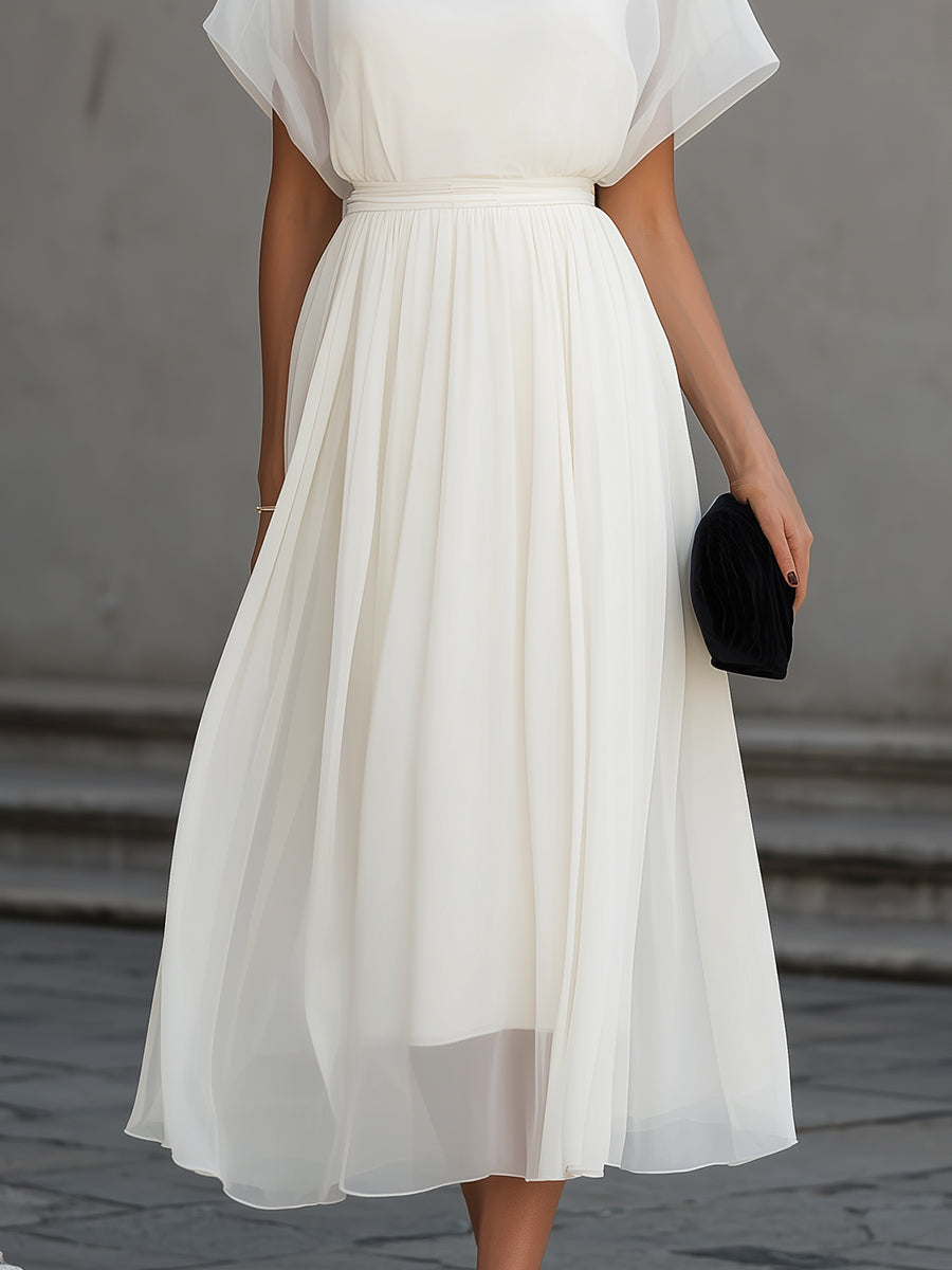 High Neck Sheer Sleeve Pleated Midi Dress