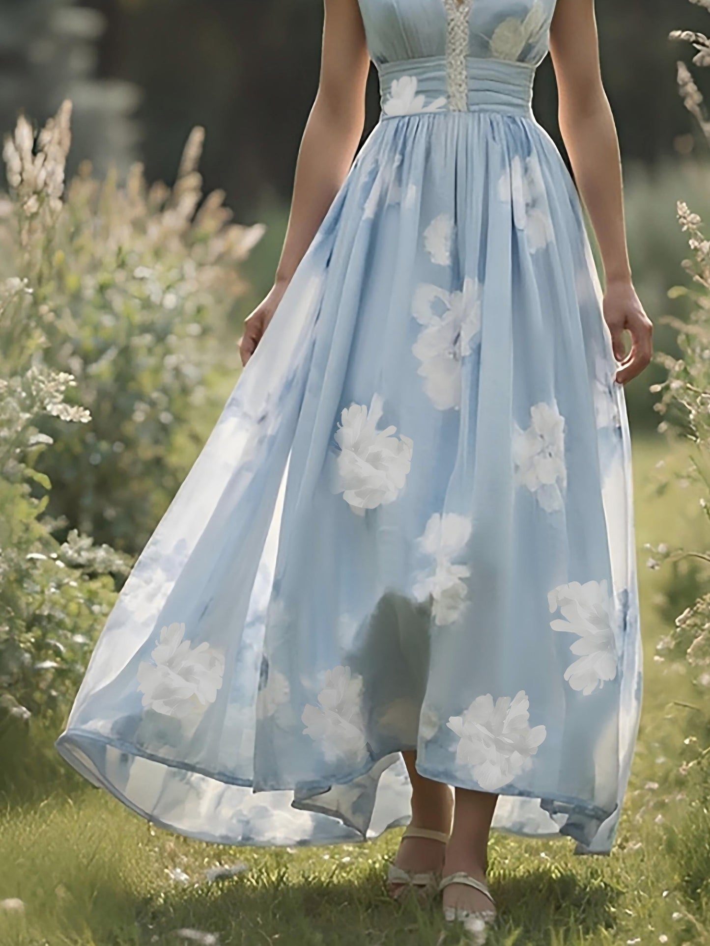 (SIZE:XS-XXL)Linen Maxi Dress, Sleeveless, V neck, Floral, Vintage, Green