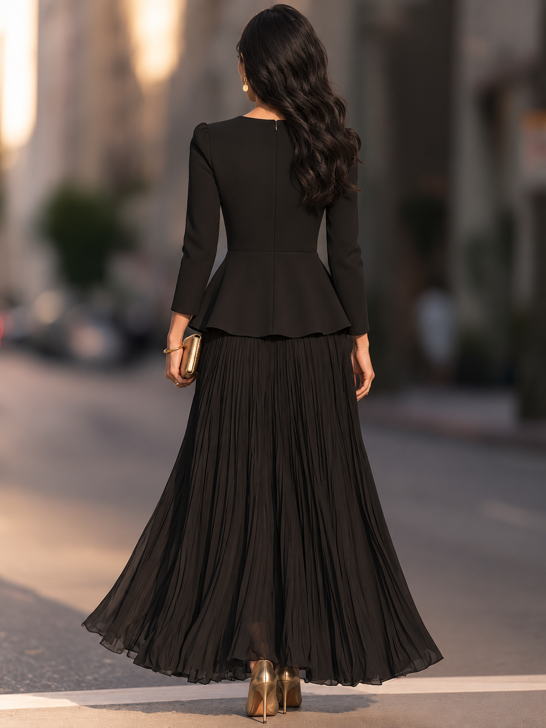 Keyhole Neck Peplum Maxi Dress With Pleated Skirt