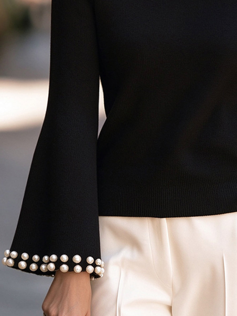 Pearl-Embellished Bell Sleeve Crewneck Fine-Knit Sweater
