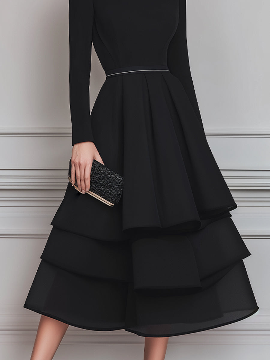 Piped Neck Tiered Midi Dress