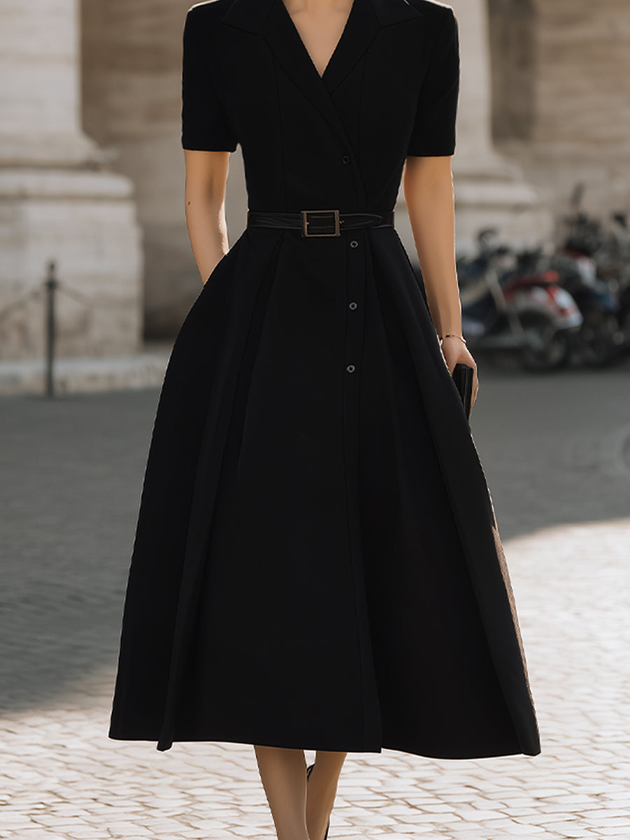 Short Sleeve Tailored Button-Front Midi Dress