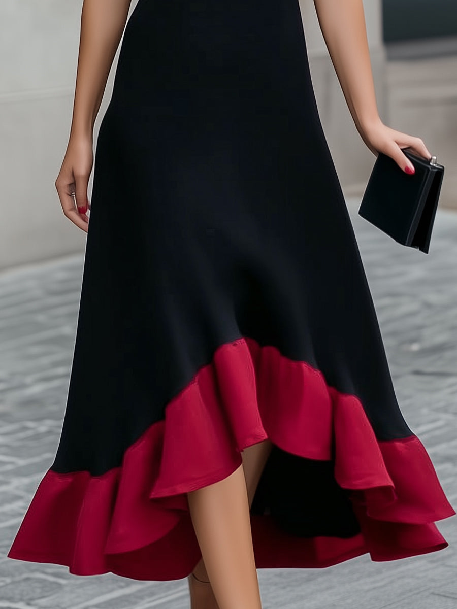 Black Midi Dress With Scarlet Ruffle Hem