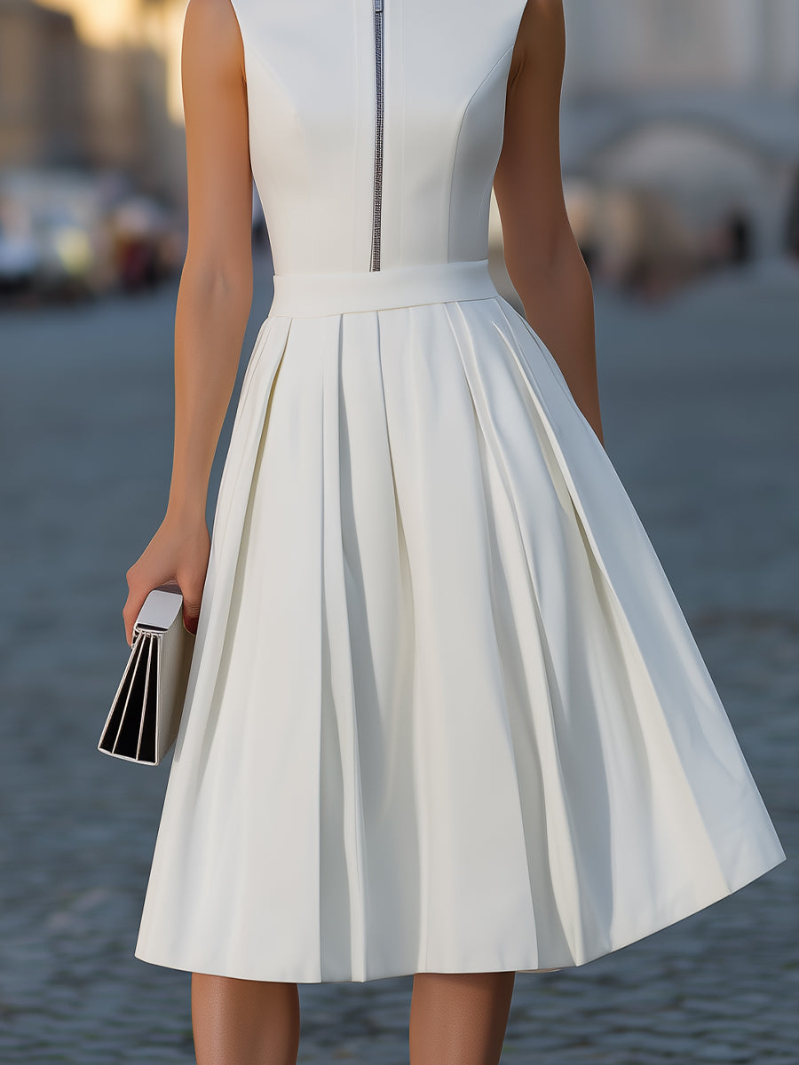 White Sleeveless Stand Collar Zip-Front Pleated Midi Dress