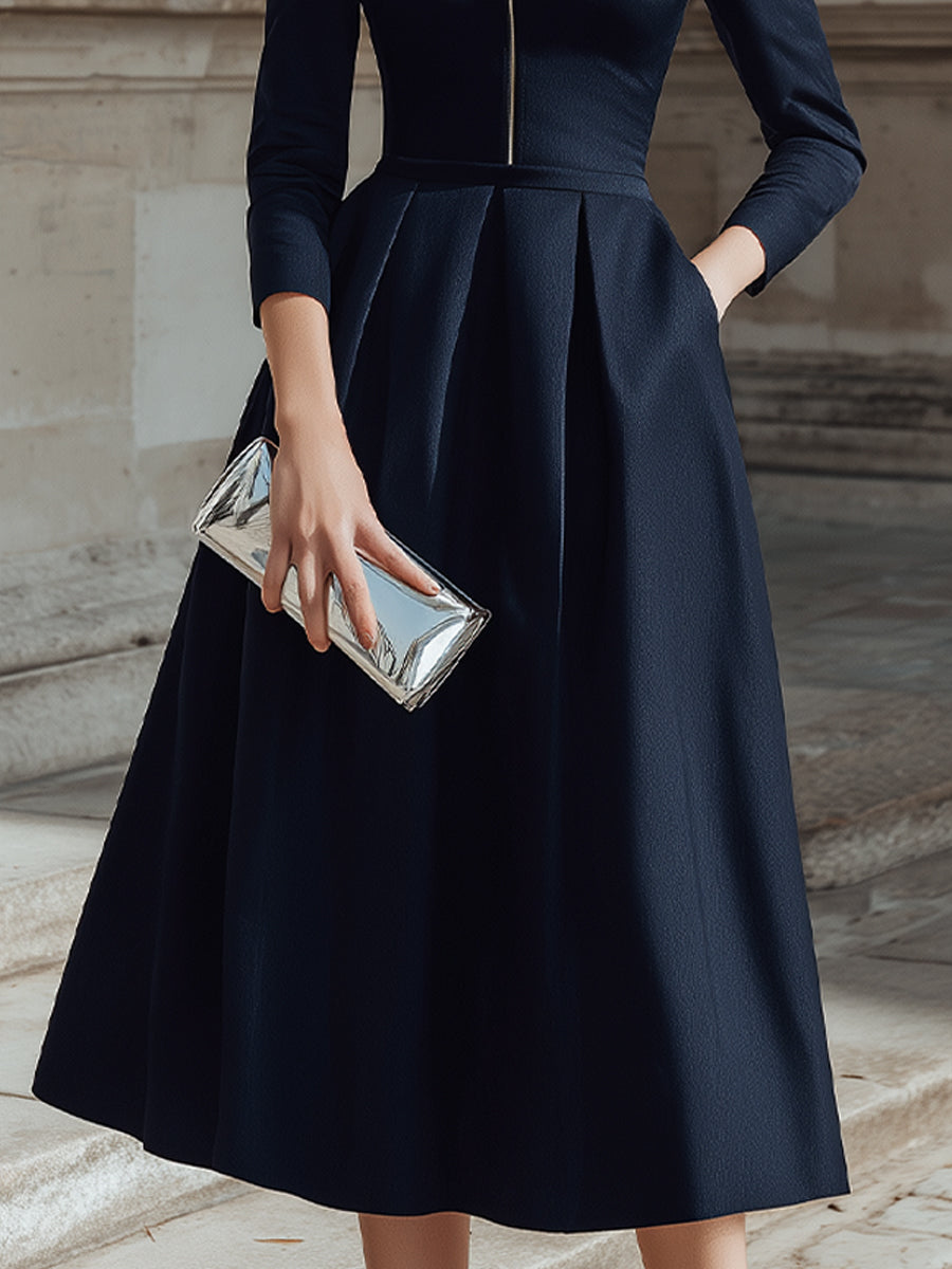 Collared Zip-Front Midi Dress With Tailored Pleats