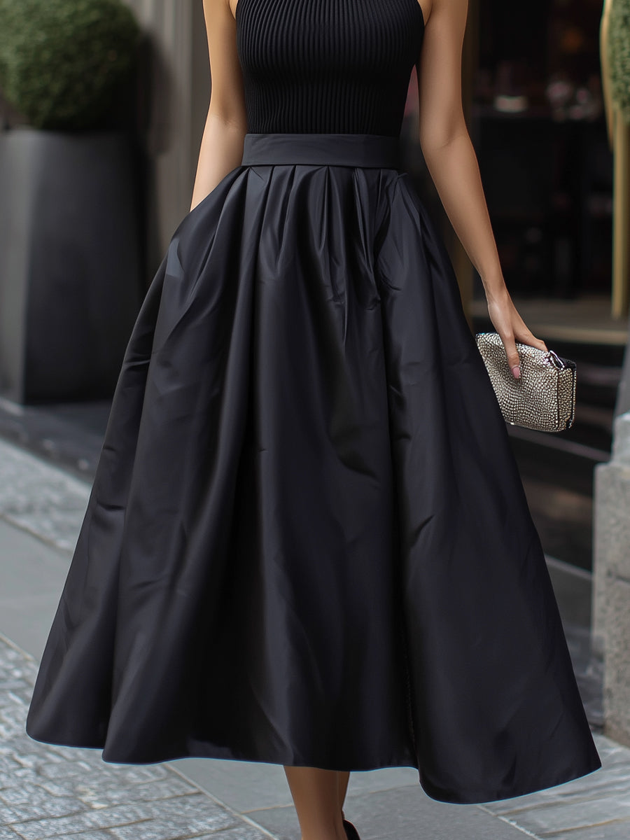 Sleeveless High Neck Ribbed Bodice Flared Midi Dress