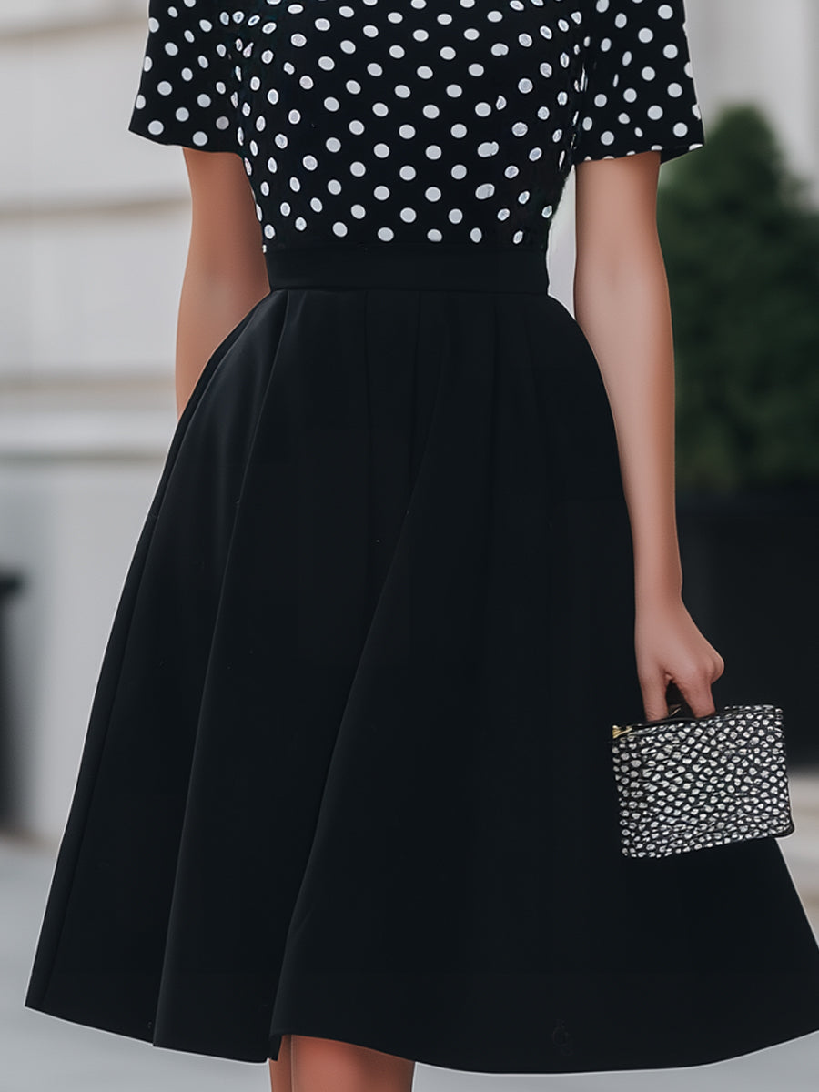 Black Polka Dot Mock Neck Fit-and-Flare Midi Dress