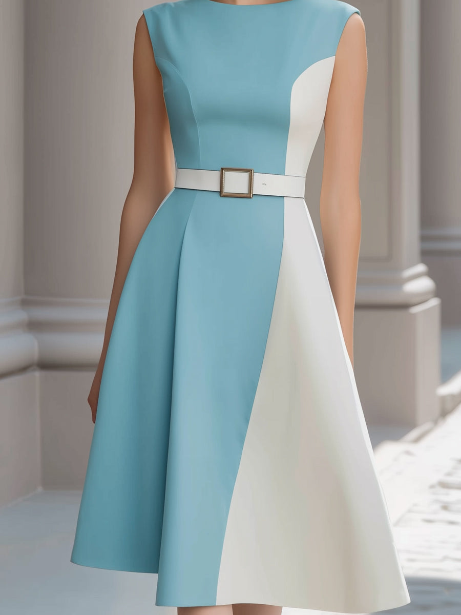 Colorblock Belted Sleeveless A-Line Midi Dress
