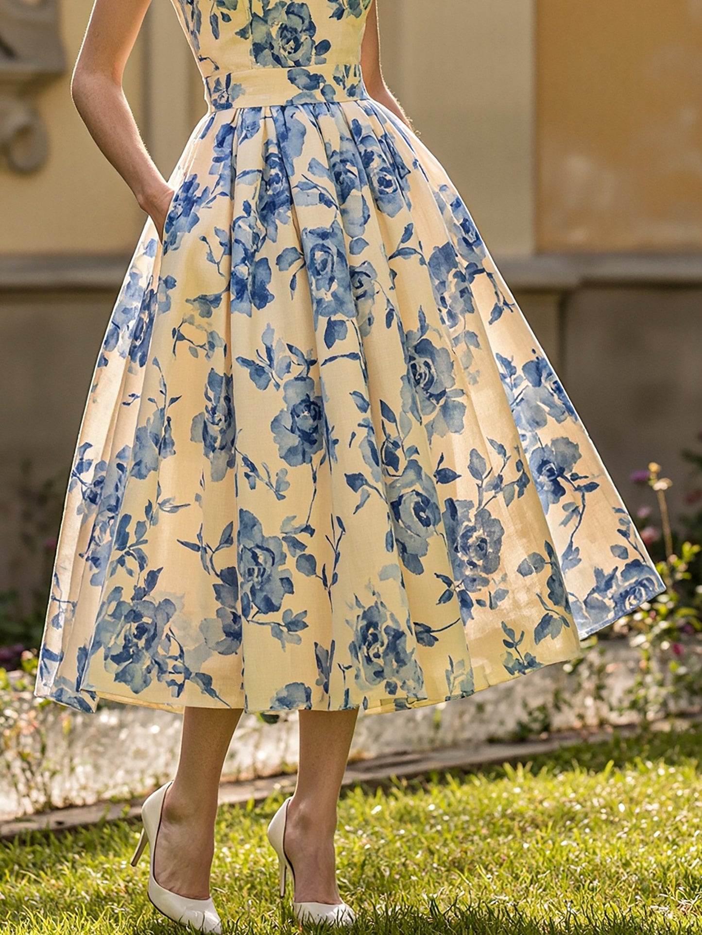 Midi Linen Dress, Sleeveless, Round Neck, Floral, Vacation, Vintage, Blue