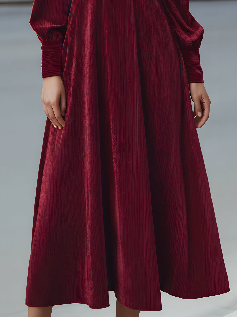 Velvet Pleated Bow-Neck Midi Dress